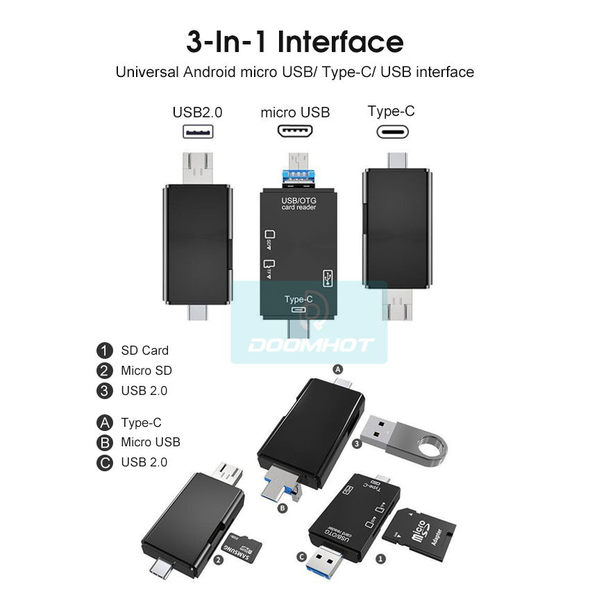 DoomHot Multifunctional 6-In-1 USB C Memory Card USB2.0 + Type-c + Micro + USB 3-In-1 Interface + TF / SD Card Reader 6-In-1 / 5-In-1 480mbps/s. 