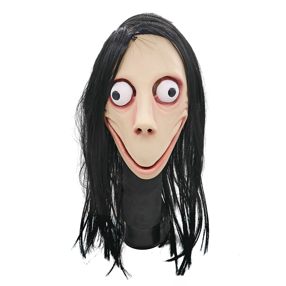 Scary Momo Mask Hacking Game Horror Latex Mask Full Head Momo Mask Big Eye With Long Wigs. 