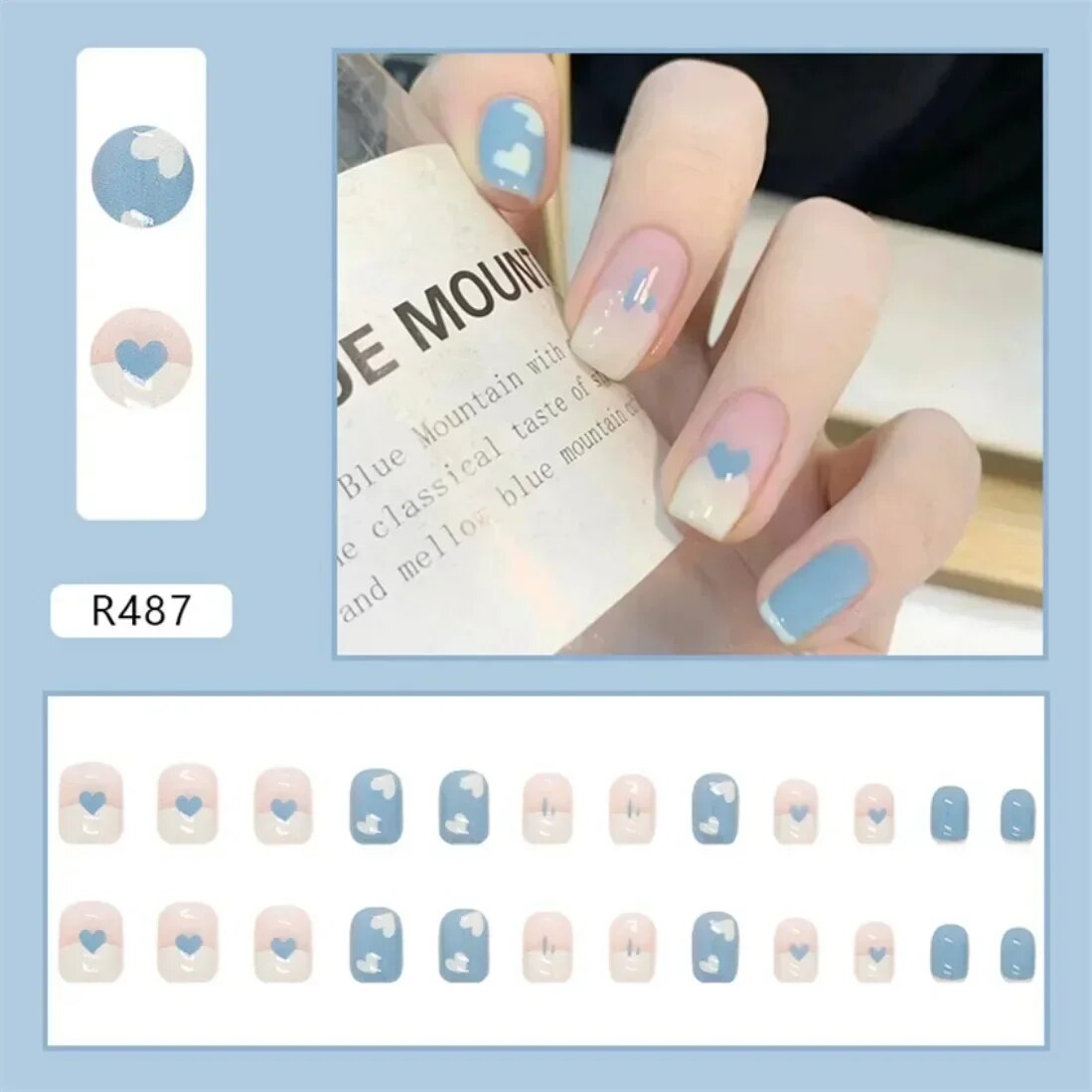 24Pcs Artificial Nail Art Nails Full Coverage Removable Nail Design Blue Heart Ballet Short Press on Nails AcrylicTips