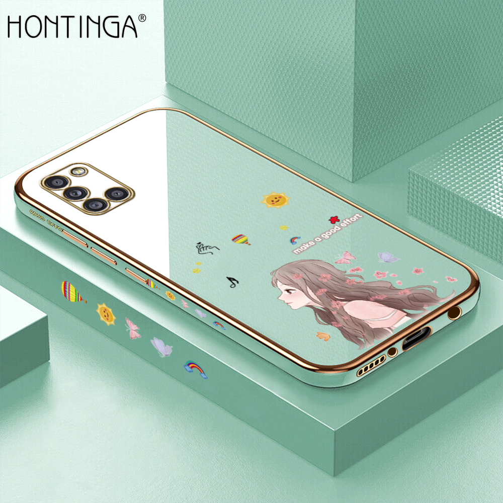 Hontinga for Samsung Galaxy A31 Back Cover + Free Lanyard Luxury 6D Plating Sunshine Girl Side Pattern Case Soft Silicone Square Phone Cases