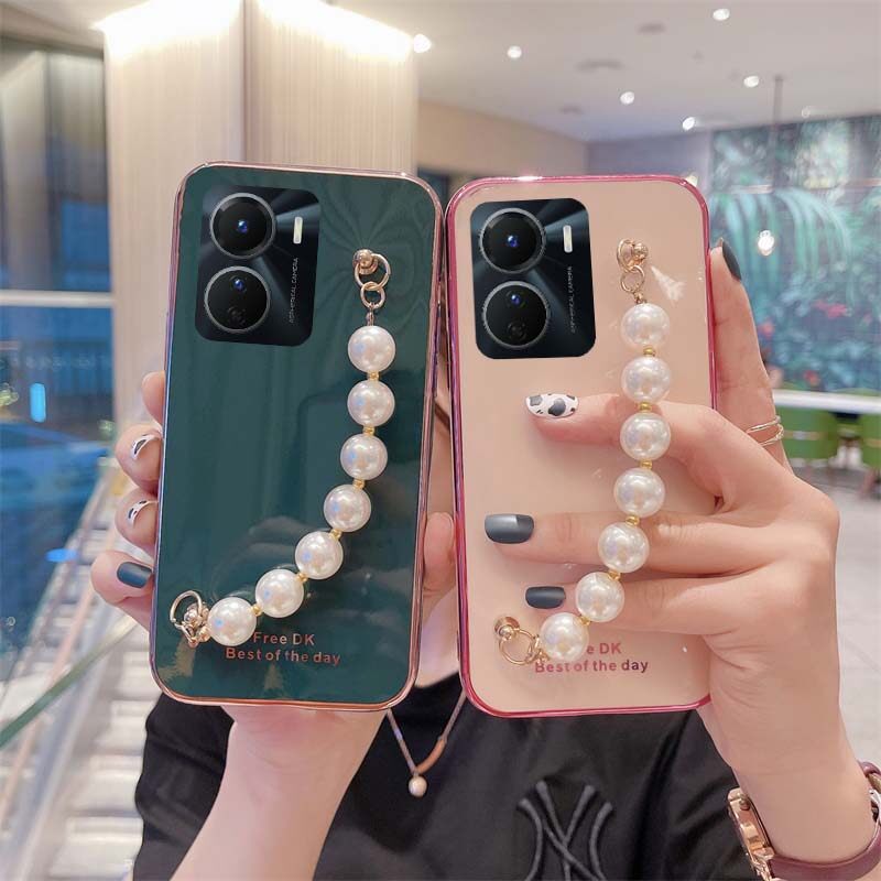For VIVO Y16 Case Transparent Plating Electroplating Shiny Cases + Pearl Bracelet for VIVOY16 Cover Casing. 