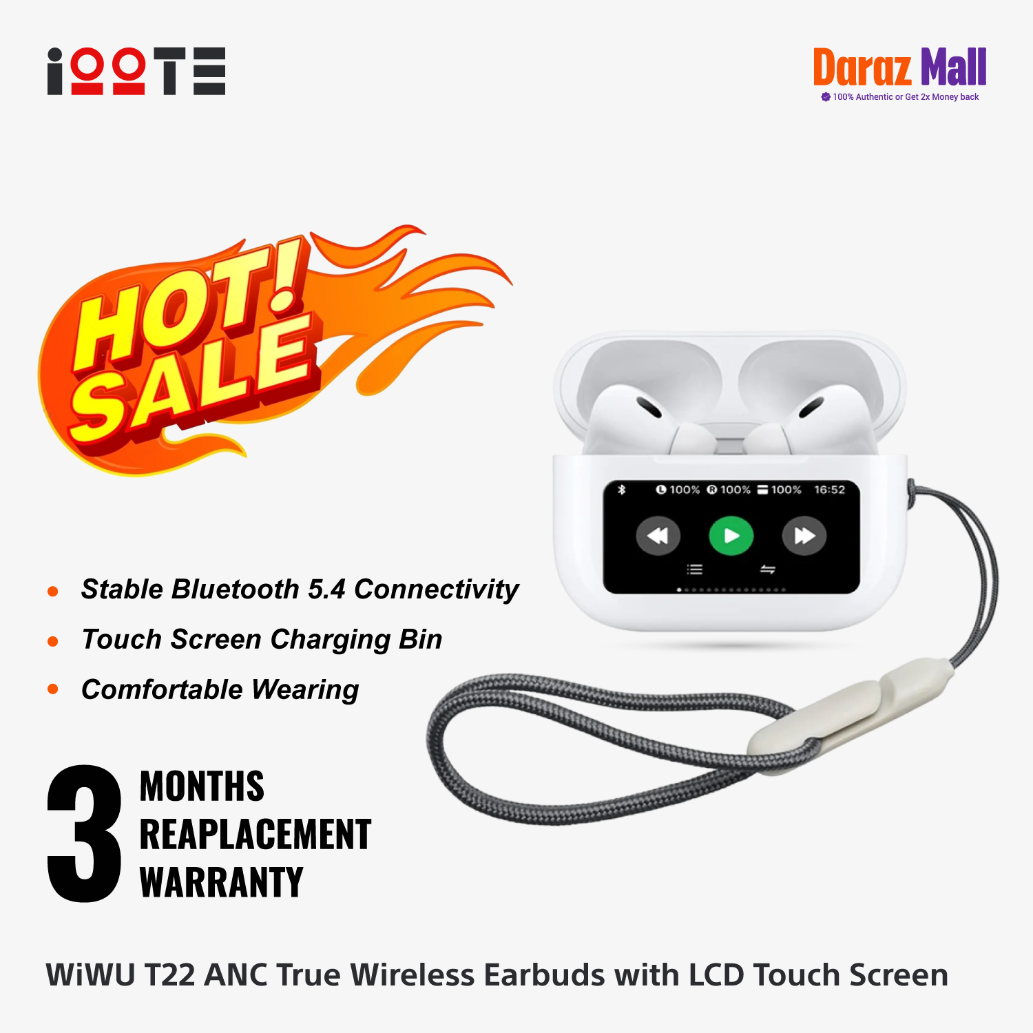 WiWU T22 ANC True Wireless Earbuds with LCD Touch Screen. 