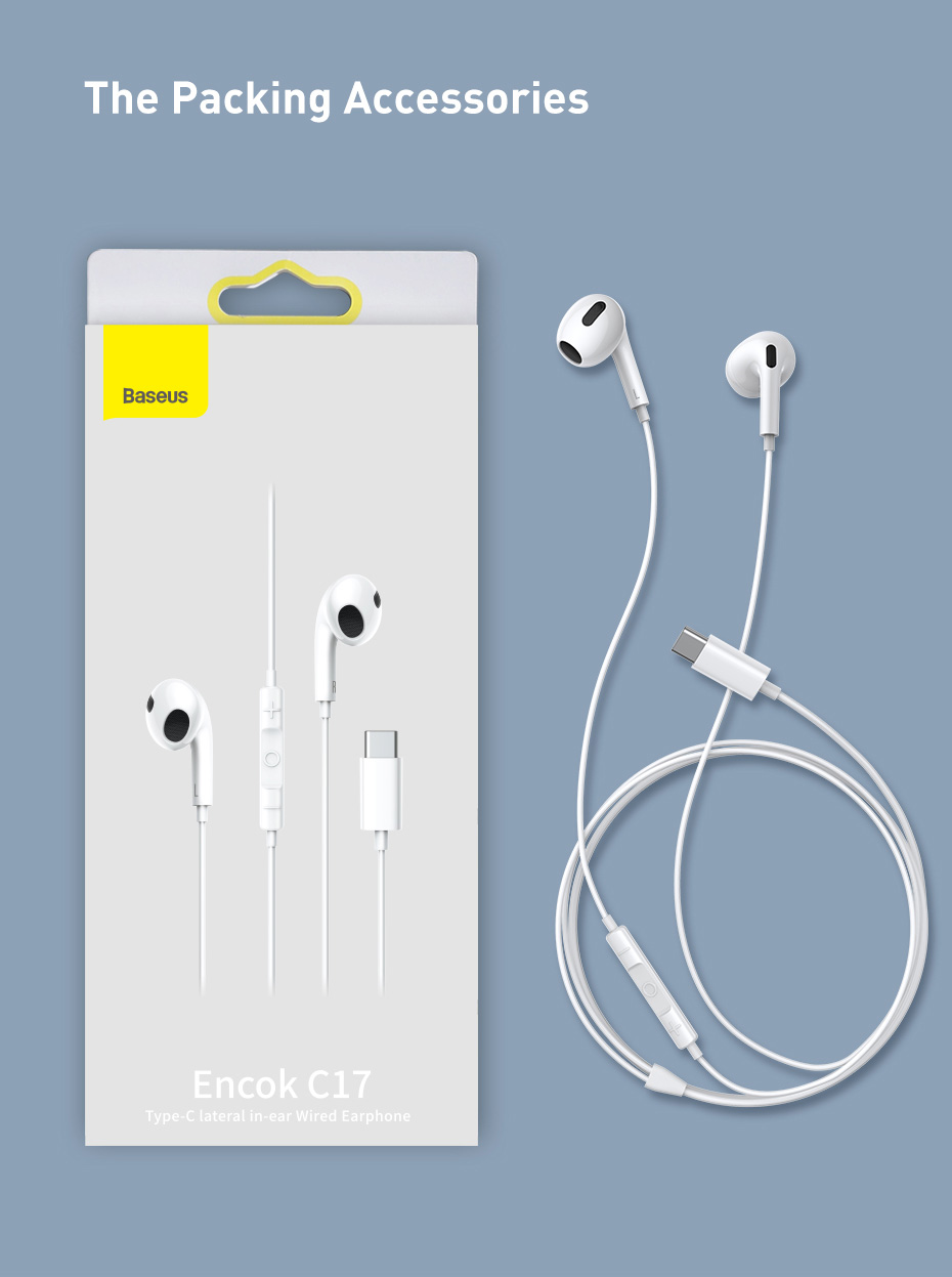 BASEUS Encok Type-C Wired Earphone - C17 Model - White - High-Quality Sound. 