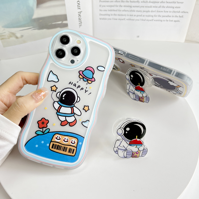 Jizetin for Samsung J7 Prime Back Cover + Free Pop Socket Astronaut Soft Wavy Shape TPU Phone Case For Girls Boys. 