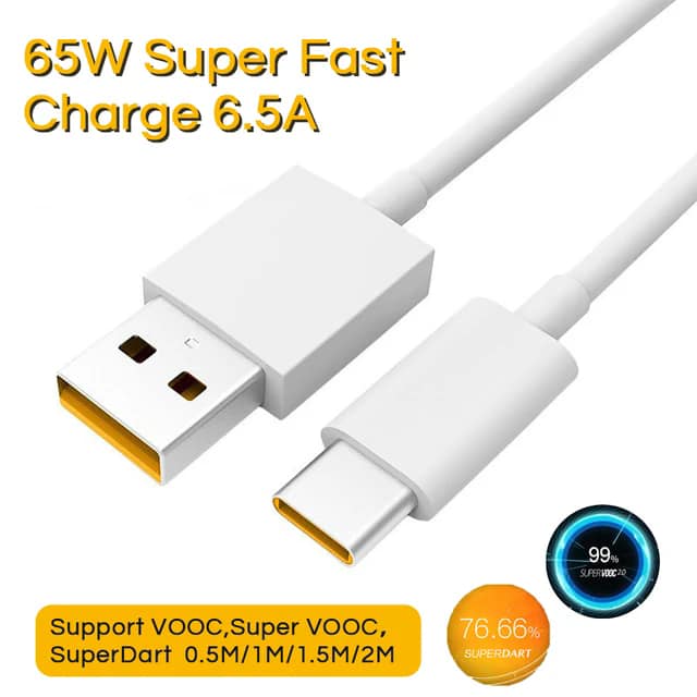 65w Realme Original Type C USB Cable Phone 50W 6.5A Fast Super Dart Charge Oppo Vooc Real Me 7 8 8i 9 Pro 9i X50 GT GT2 C31 Tipo. 
