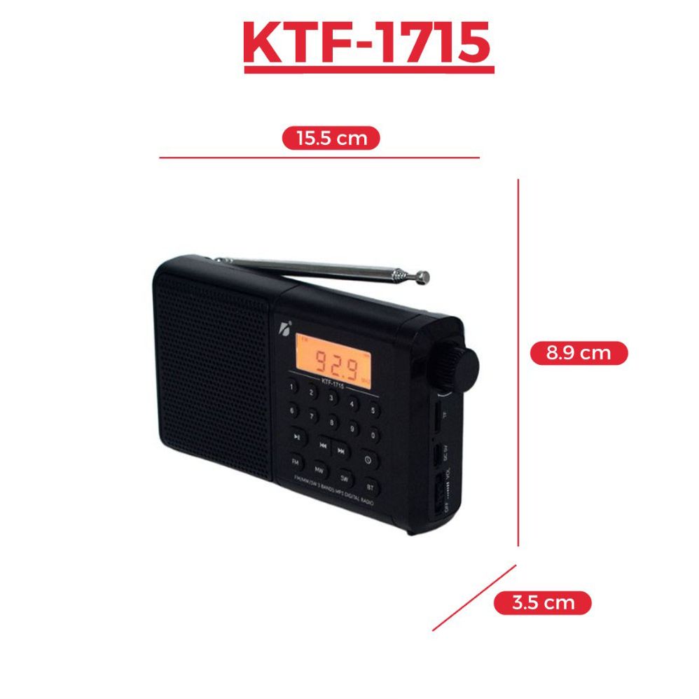 KTF-1715 FM/MW/SW 3 Bands Radio & Clock Supported Digital Display Bluetooth Wireless Speaker. 