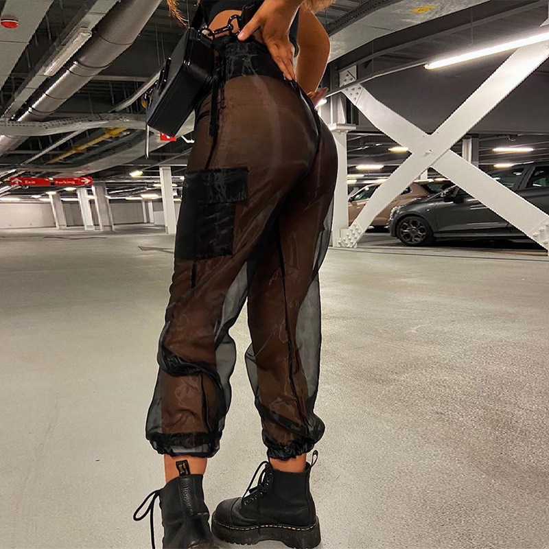 Women Transparent Pants Mesh Fashion Summer Breathable Decorative Loose Trousers Avant-Garde Clothing Sheer Pants. 