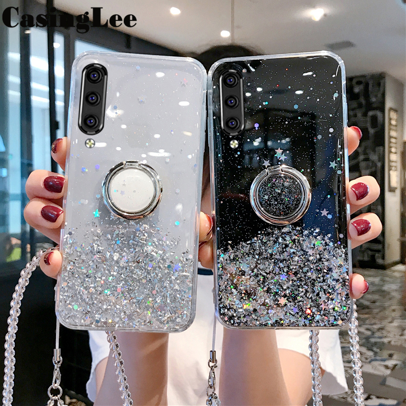 Casinglee for Samsung Galaxy A70 case Shiny Ring Glitter Soft Transparent Holder Stand Back cover with String for Samsung A70 Phone cases cover Stars Moon Girls. 