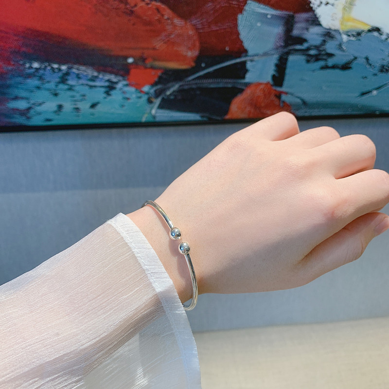 Opening simple 925 silver plated thin circle young style versatile hand jewelry garlic ball beads simple fashion bracelet for women