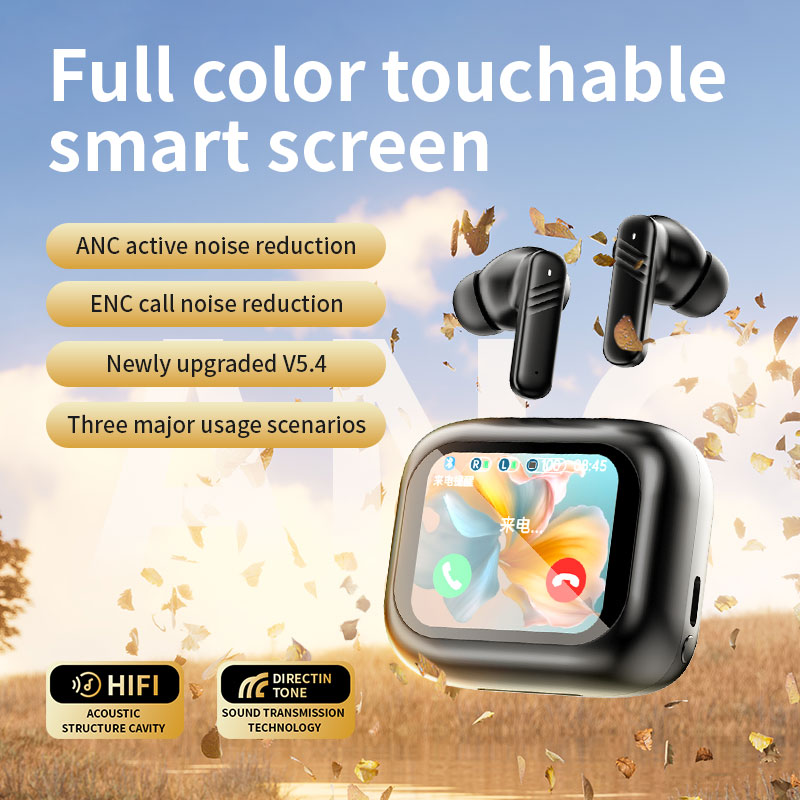 Touch screen Wireless Earbuds-ANC ENC-Long Battery Life-Bluetooth 5.4-AAC acoustic cavity bass-LEC full-color touchscreen-Incoming call alerts-Low latency. 