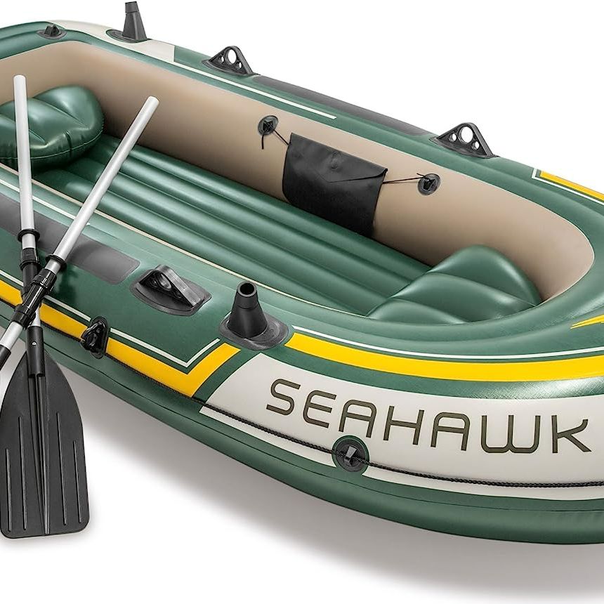 Intex Seahawk 3, 3-Person Inflatable Boat Set with Aluminium Oars and High Output Air Pump (Latest Model). 