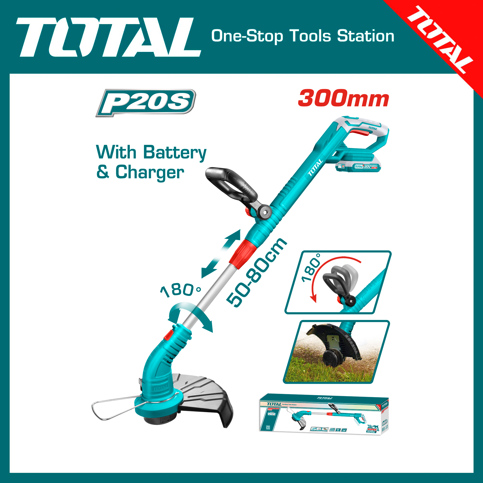 TOTAL Cordless Grass Trimmer 20v with battery and charger TGTLI20018. 