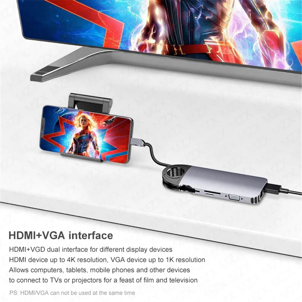 MZX 10 in 1 Docking Station 1000M RJ45 USB Hub Tipo C Type A Extension Dock To HDMI VGA Ethernet for Macbook Laptop Notebook PC. 
