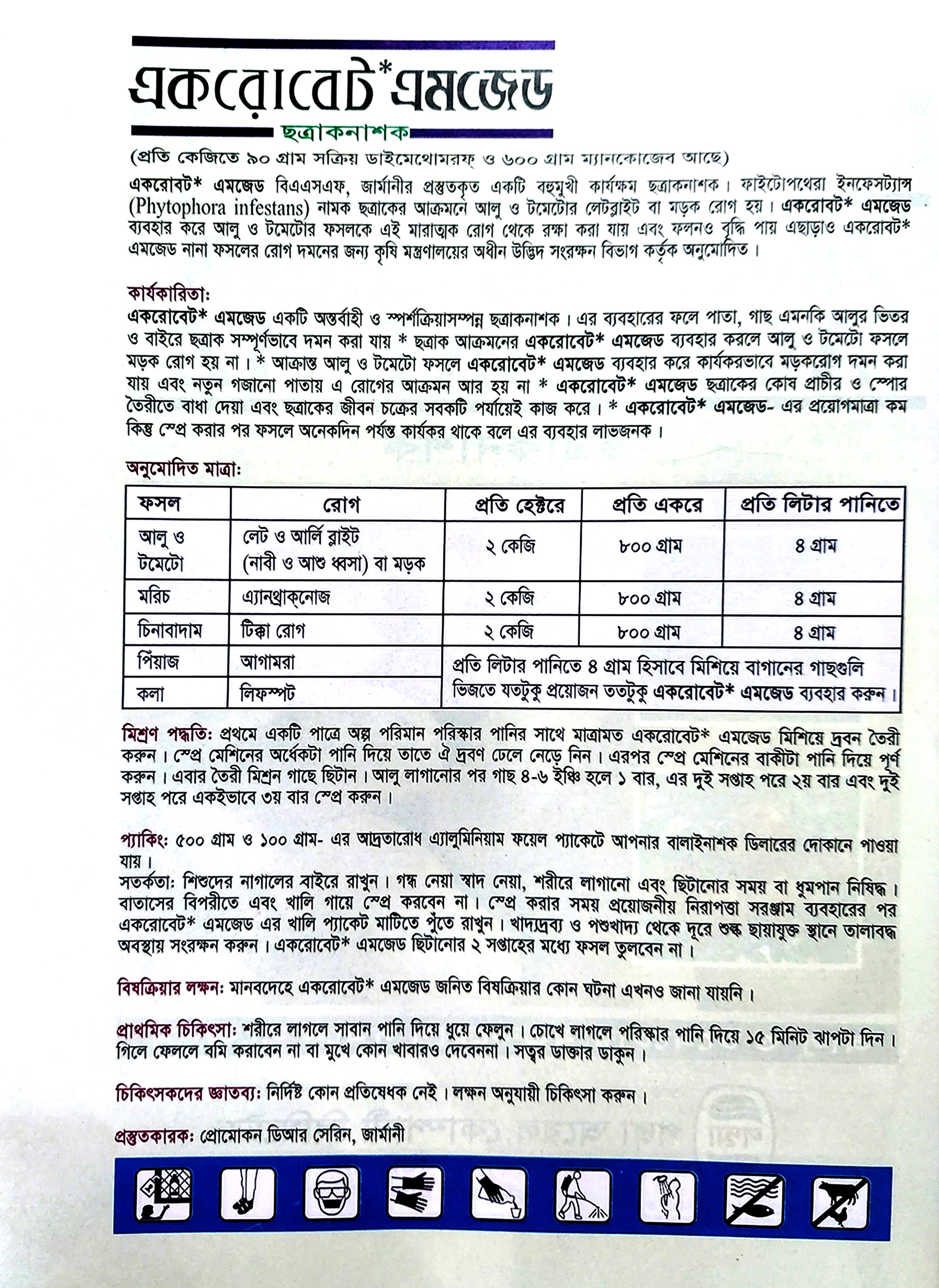 Fungicide: Acrobat MZ 100gm (Dimethomorph+ Mancozeb). 