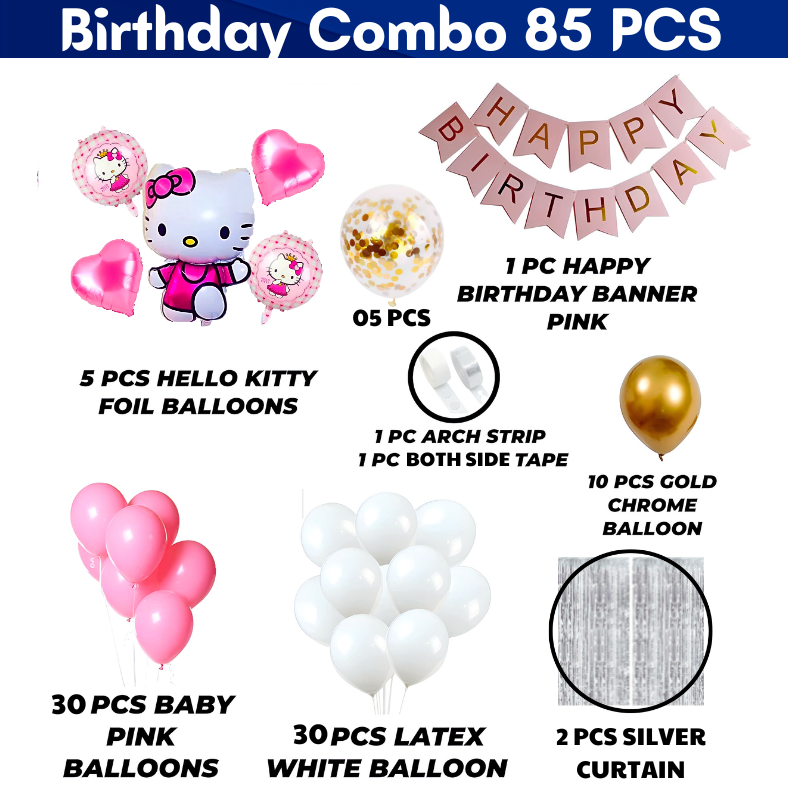 Hello Kitty Birthday Decoration Pack: Includes Banner, Foil Backdrop Curtain, HQ Balloons, Confetti, Balloon Arch, Both Site Tape - Complete Party Set - (85 Pcs). 