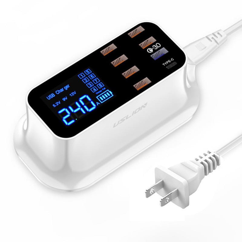 USLION 8 Port USB Charger HUB Quick Charge 3.0 LED Display Multi USB Charging Station Mobile Phone Desktop Wall Home EU Plug. 