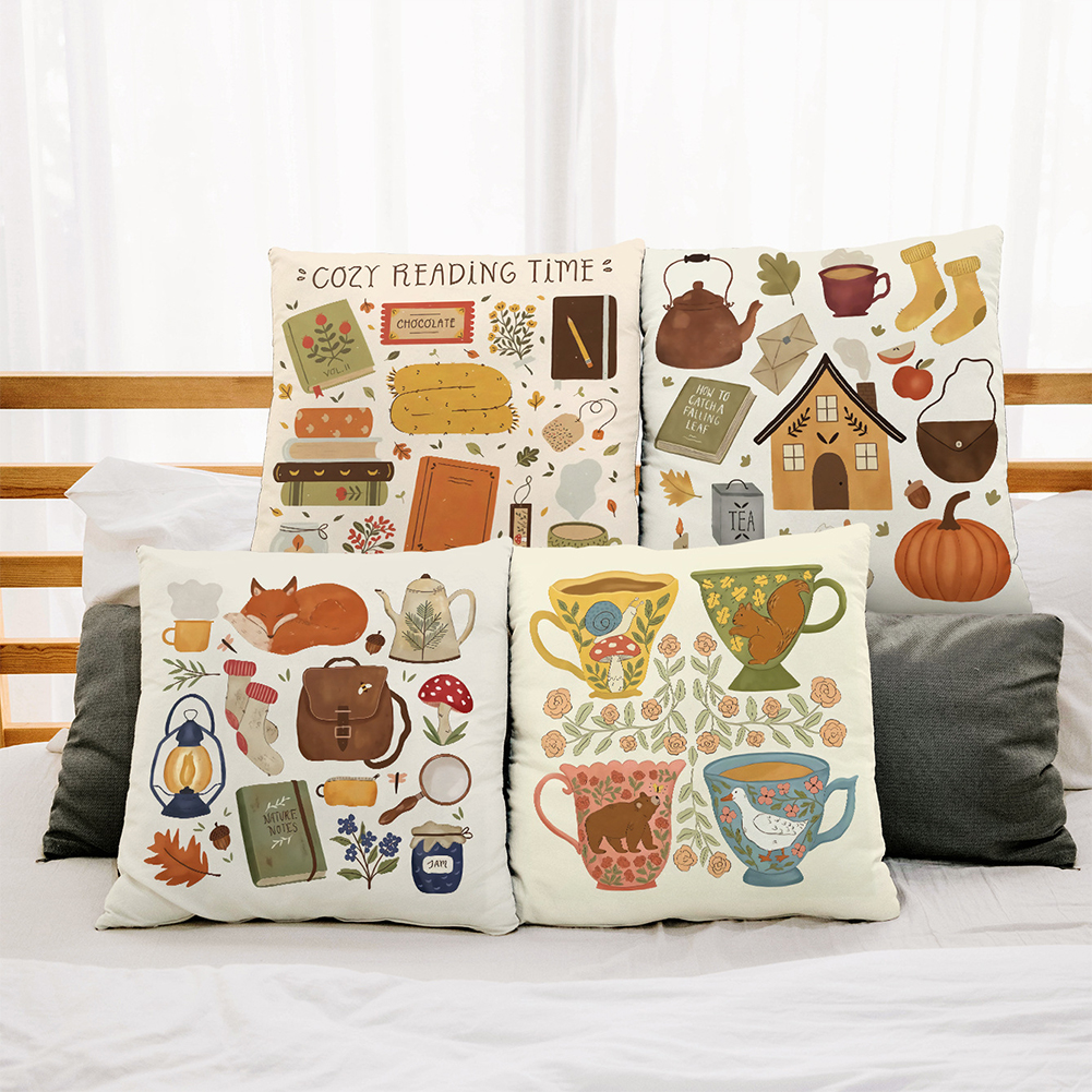 GC Flannel Square Bedside Pillowcase, Pastoral Home Atmosphere Cartoon Anime Pattern Cushion Protective Cover With Invisible Zipper 45x45cm color. 