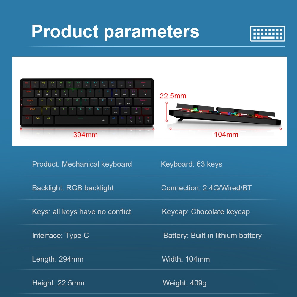 REDRAGON Elise Pro K624P RGB Super slim Mechanical Gaming Keyboard USB Support Bluetooth wireless 2.4G 63 Keys for Compute PC. 