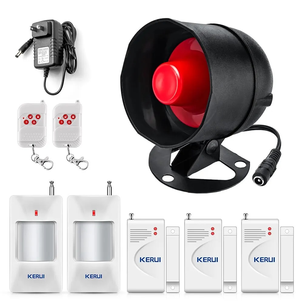 KERUI Security Alarm System Kit 110dB Wireless Loud Indoor/Outdoor Weatherproof Siren Horn with Remote Control and Door Contact. 