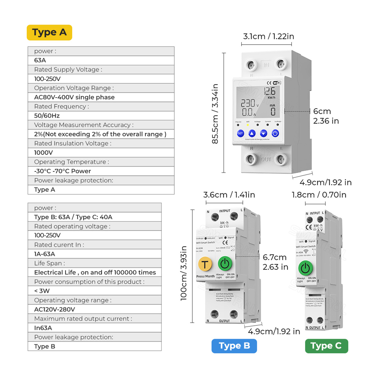 SMATRUL Tuya WIFI Smart Switch 40/63A Energy Meter Kwh Metering Circuit Breaker Timer with voltage current and leakage protection. 