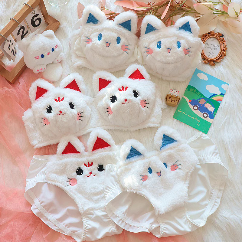Cat fall and winter limited to cute plush underwear confortable women lingerie non-steel ring bra set to keep warm bralette. 