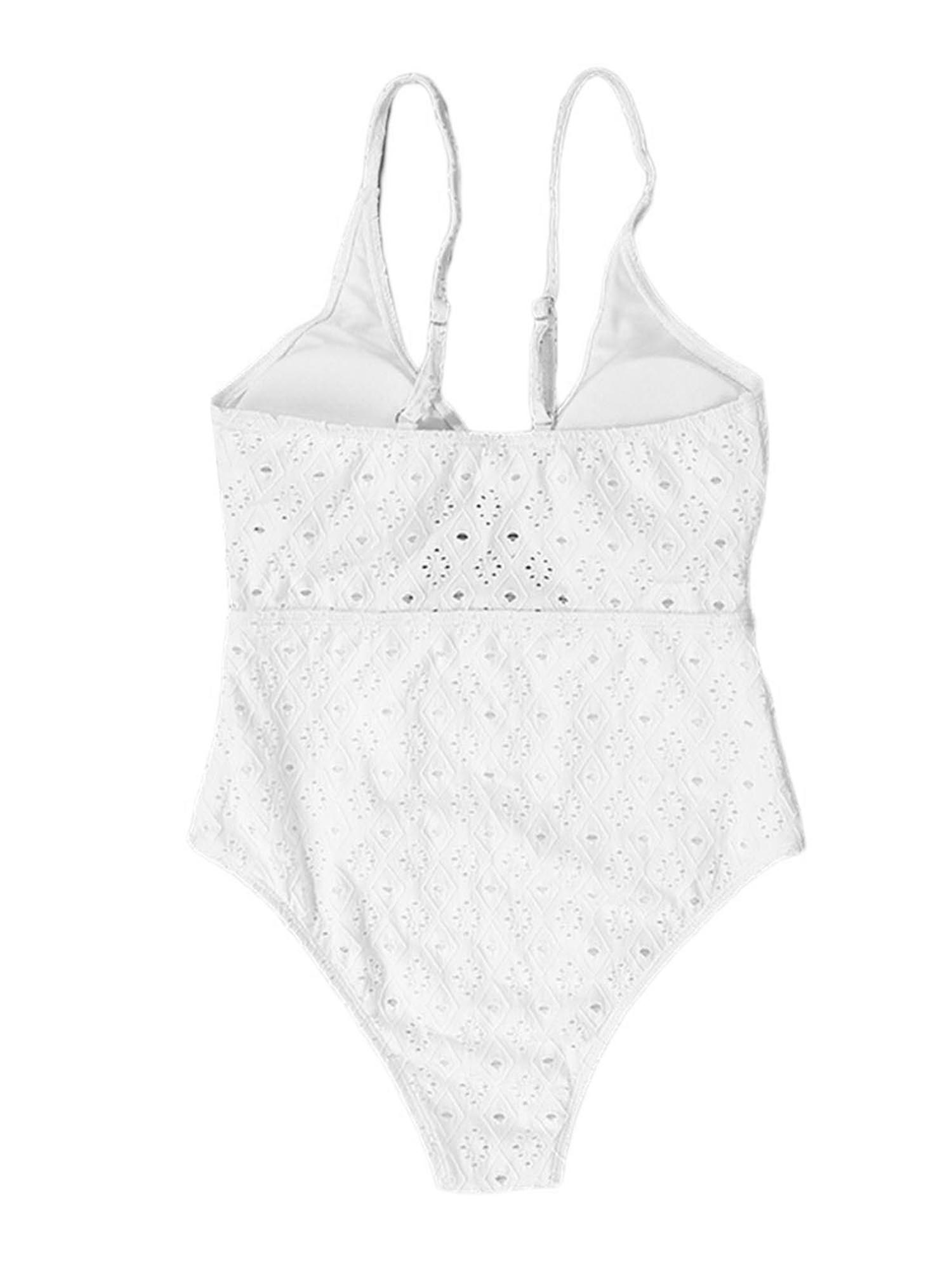 Women Bikini, Spaghetti Straps V-neck Hollowed Jacquard Summer Swimming Bathing Swimsuit. 