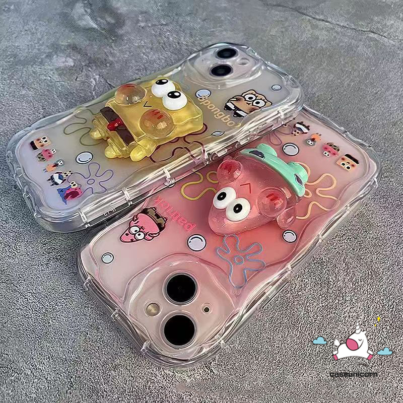 Spongebob Patrick Star 3D Steric Doll Stand Case Compatible For Redmi 12 A1 9A 9T 12C 10 10C 9 10A A2 9C NFC Note 12 10 10s 8 9 11 11s Pro Max Poco M3 Mi 11 12 Lite 3D Wavy Curved Edge Couples Cover. 