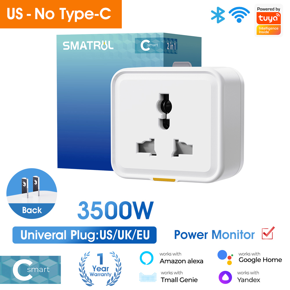 SMATRUL Tuya Wifi Smart Plug Universal Plug 2 Pin 3 Pin Socket with Power Monitor Type-C Timer Voice Control for Google Home Alexa Water motor Electric Geyser Water Heater 3500W. 