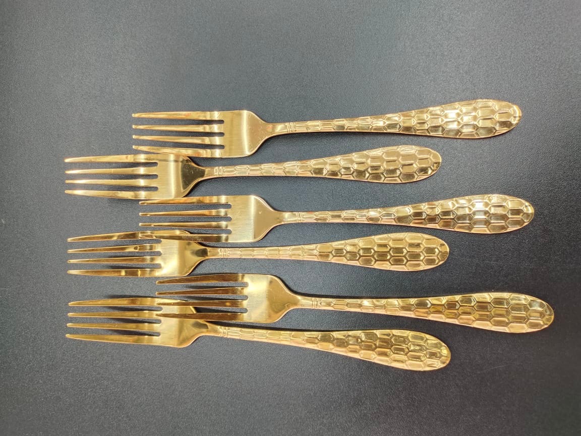 3 D Golden Fork Spoon Set 6 Pcs. Stainless Steel Tea Spoons With Gold Titanium Plating. - Chopsticks. 