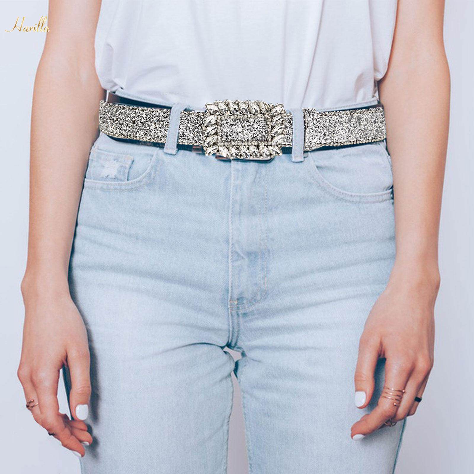Women Rhinestone Belt Lightweight PU Leather Belt Waistband Waist