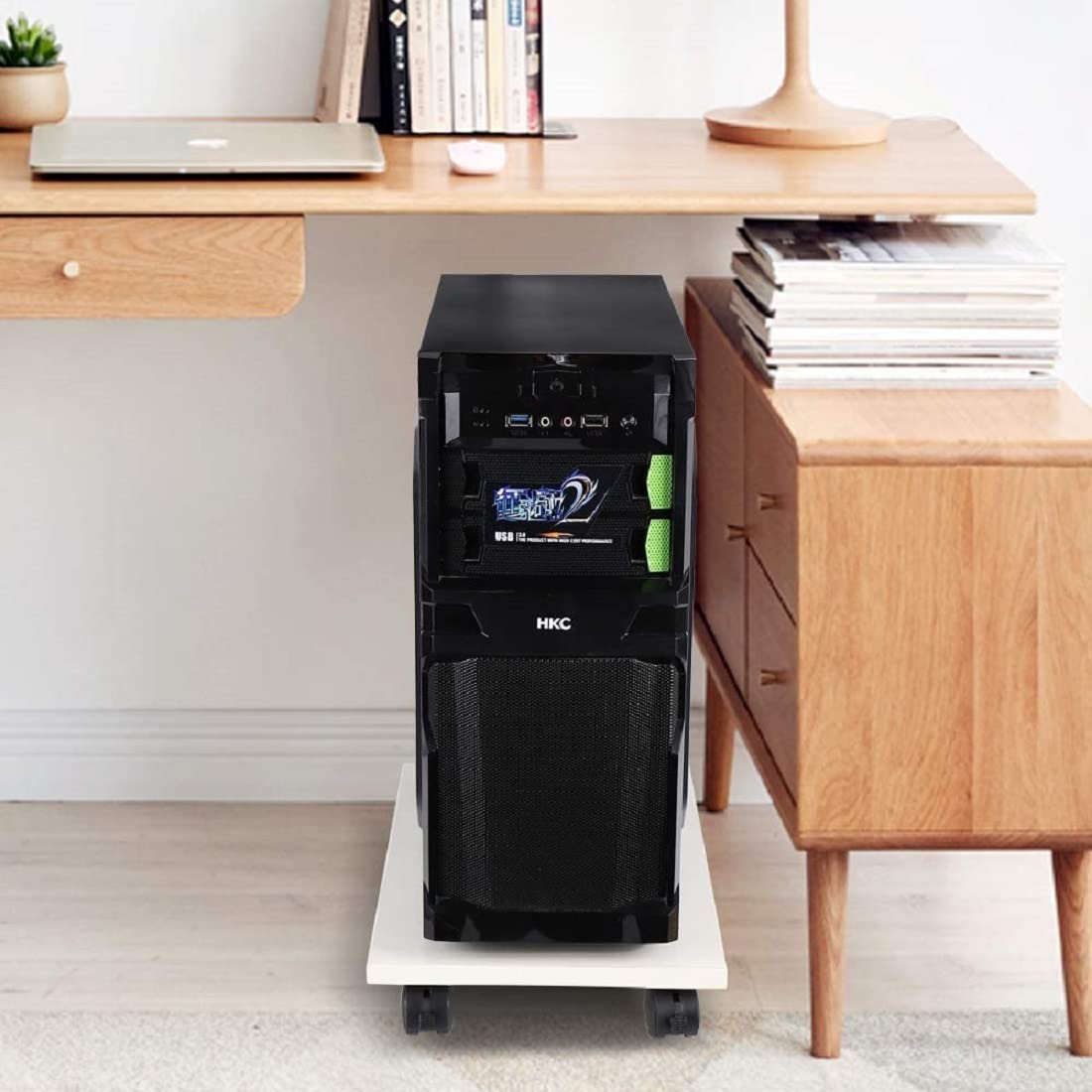 Heavy Duty Wooden CPU Trolley Computer Desktop Tower Stand with Locking Wheels,Multicolo. 
