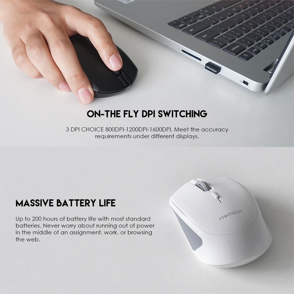 FANTECH W190 DUAL MODE 2.4Ghz and Bluetooth Wireless Mouse Up to 200 Hours Of Battery Mini Mute Silent Office Mouse Mice. 