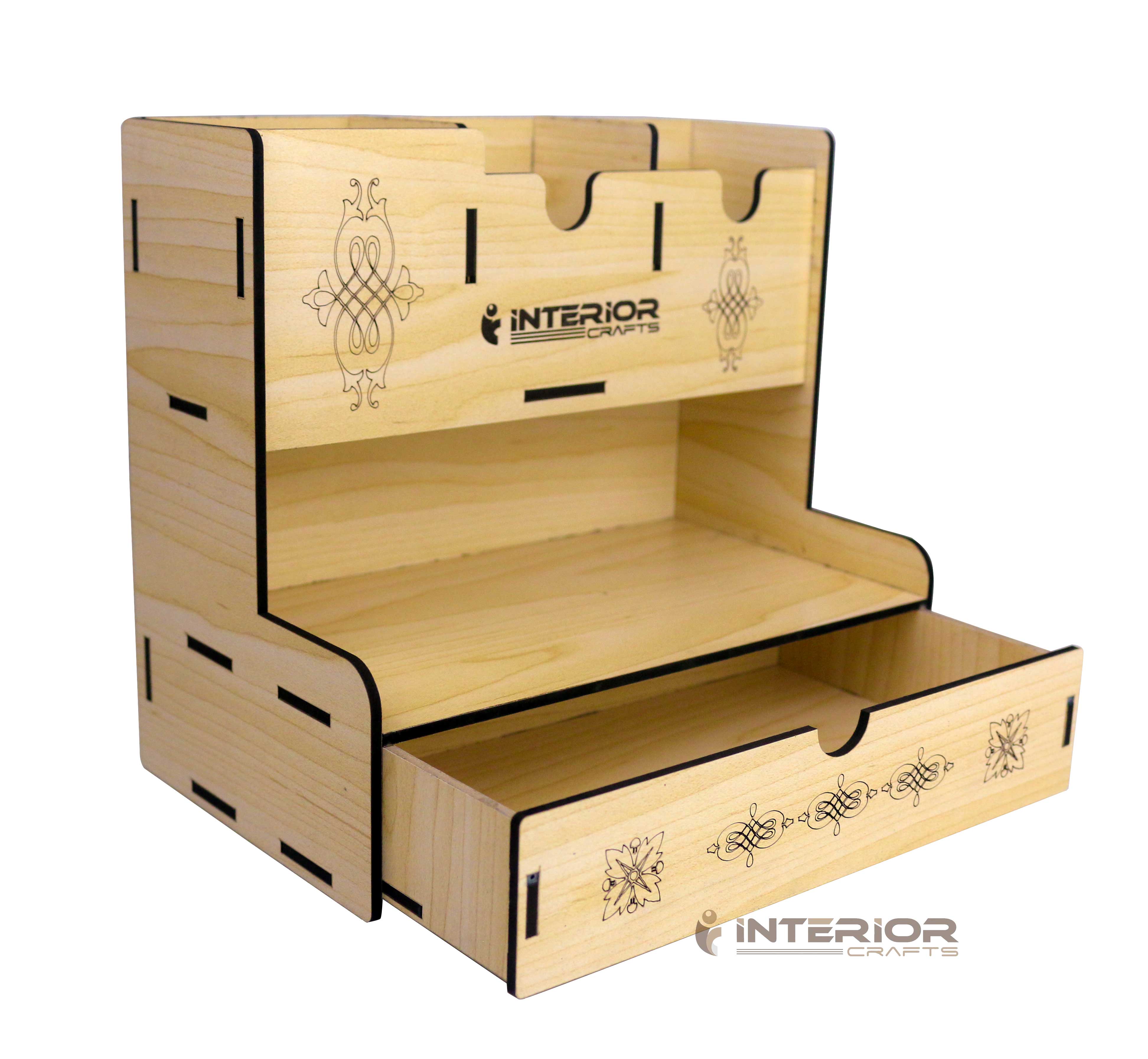 Wooden Desk Organizer, Big Multi-Functional Desktop Pencil Holder Box Storage Rack with Drawer - Easy Assembly - Home Office School INTE-3487. 