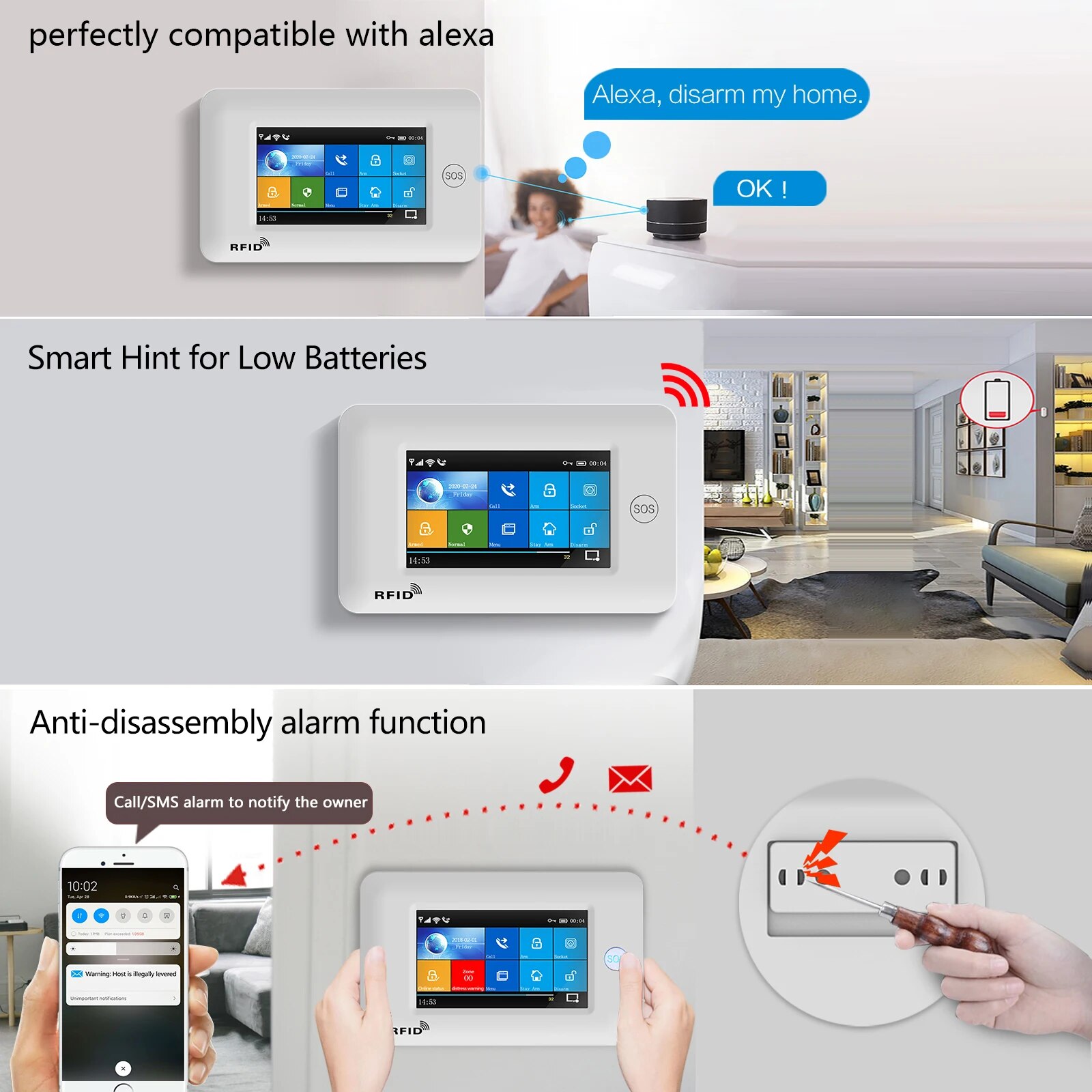 YUPA Burglar Home Security Alarm System 4.3 Inch Touch Panel WIFI GSM Wireless With Motion Sensor TUYA App Compatible With Alexa. 