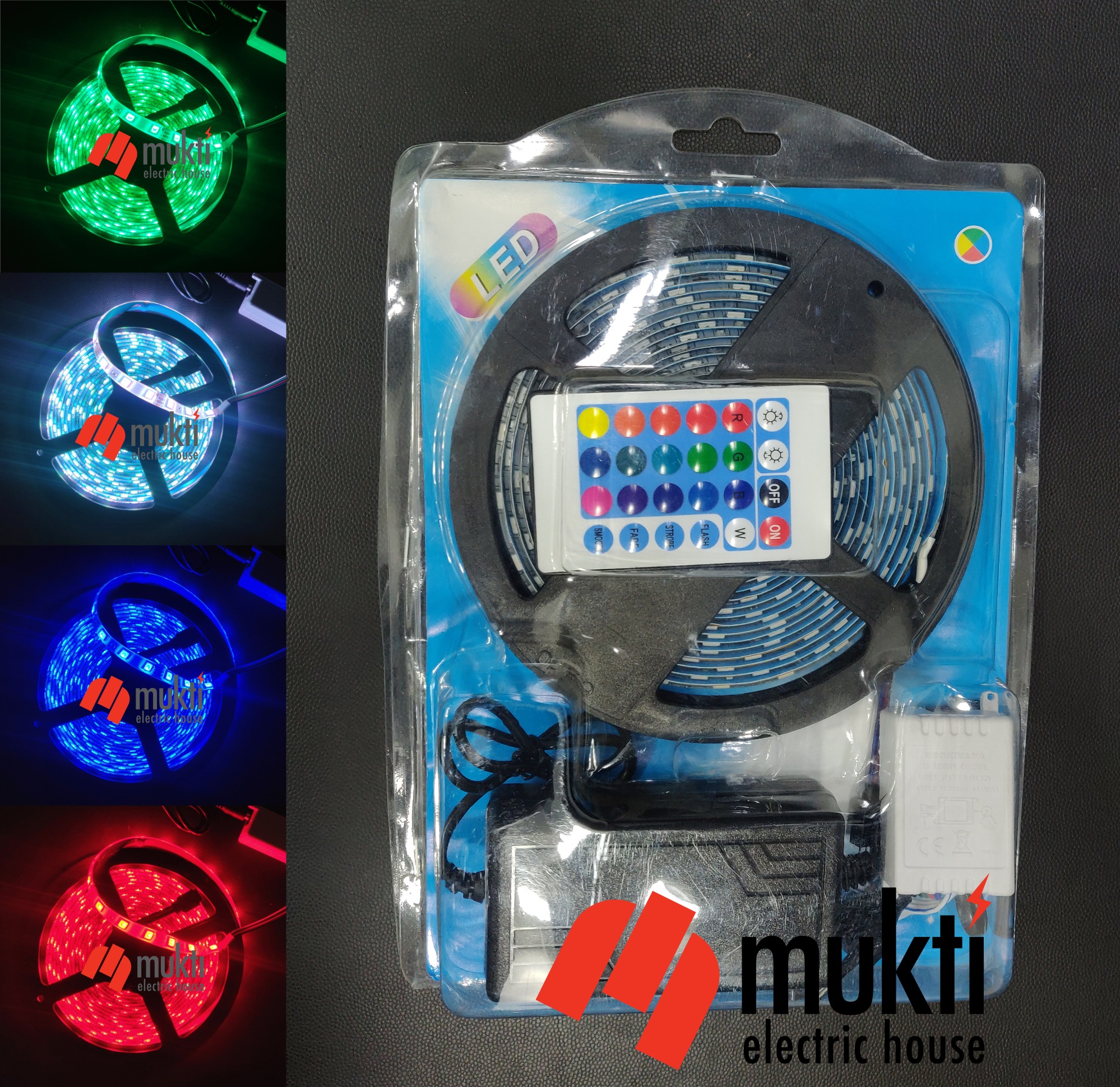 RGB LED Strip Light 16 Colors 5 Meters with Remote Control Adapter Blue Green Red White. 