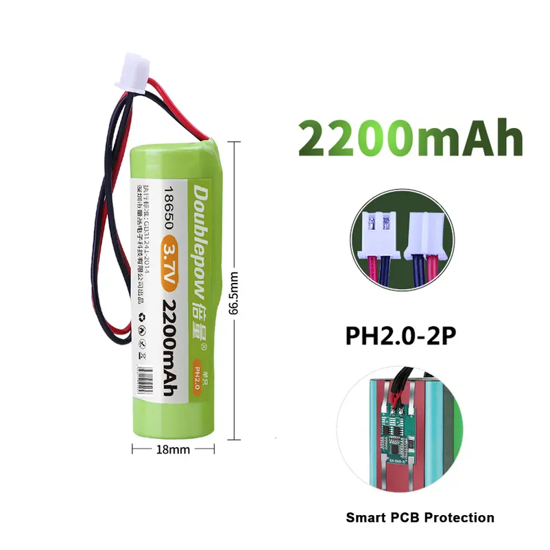 Doublepow PCB Protected 1S1P 3.7V 18650 2200mAh Lithium ion Rechargeable Battery Pack for Toys, AC/DC LED Bulb - 1 piece