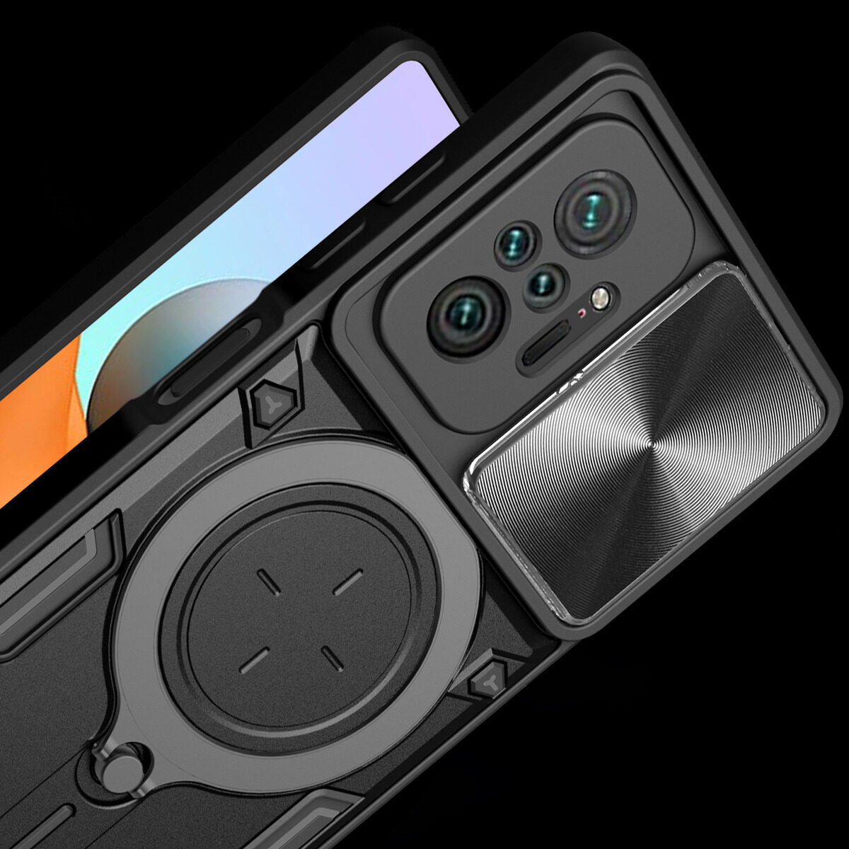 For Xiaomi Poco M5S Case Foldable 360 Degree Rotating Bracket Vehicle Mounted Sliding Hard Shockproof Rear Shell + Tempered Glass Screen Protector for Xiaomi Poco M5S Back Cover. 