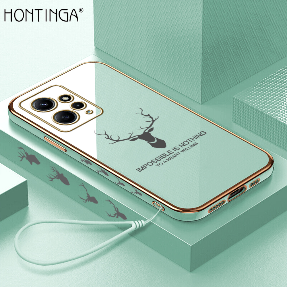 Hontinga for Redmi Note 12 4G Back Cover(Free Lanyard)Luxury 6D Plating Lucky Deer Side Pattern Case Soft Silicone Square Mobile Cover