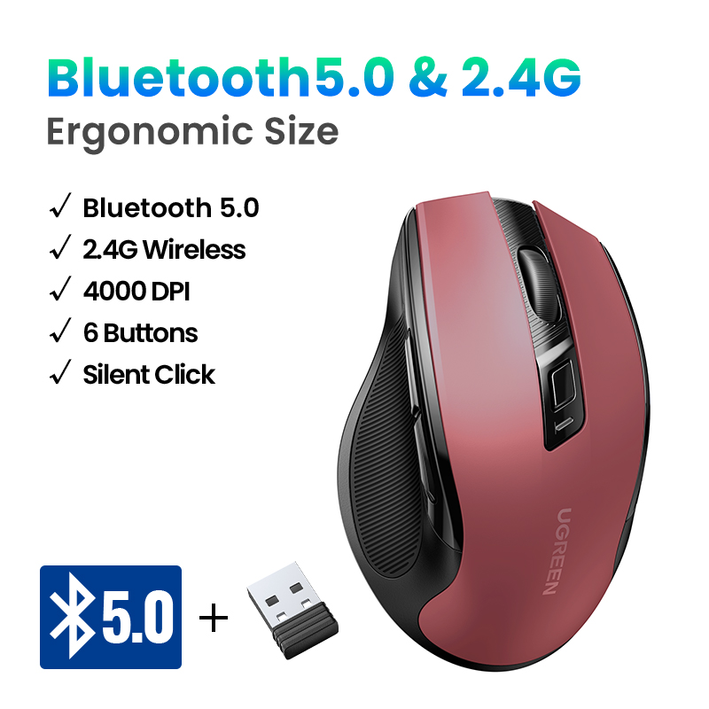 UGREEN (Model Number: MU006-90855) Wireless Mouse Bluetooth 5.0 Ergonomic 4000 DPI 6 Mute Buttons For MacBook, Tablet, Laptop, PC - 2.4G Mice. 