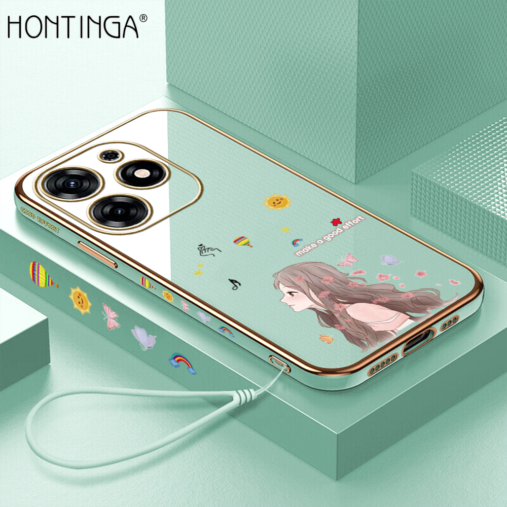 Hontinga for Tecno Spark 10 Pro Back Cover(Free Lanyard)Luxury 6D Plating Sunshine Girl Side Pattern Case Soft Silicone Square Mobile Cover