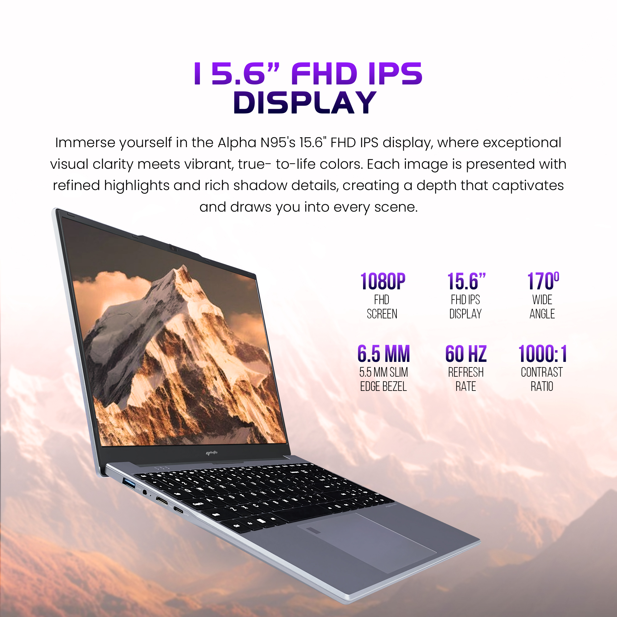 Qbits Alpha N95 Laptop Intel® Processor N95 (3.40 GHz 6 MB Cache) with 16 GB RAM and 500GB M.2 Western Digital NVMe SSD. 