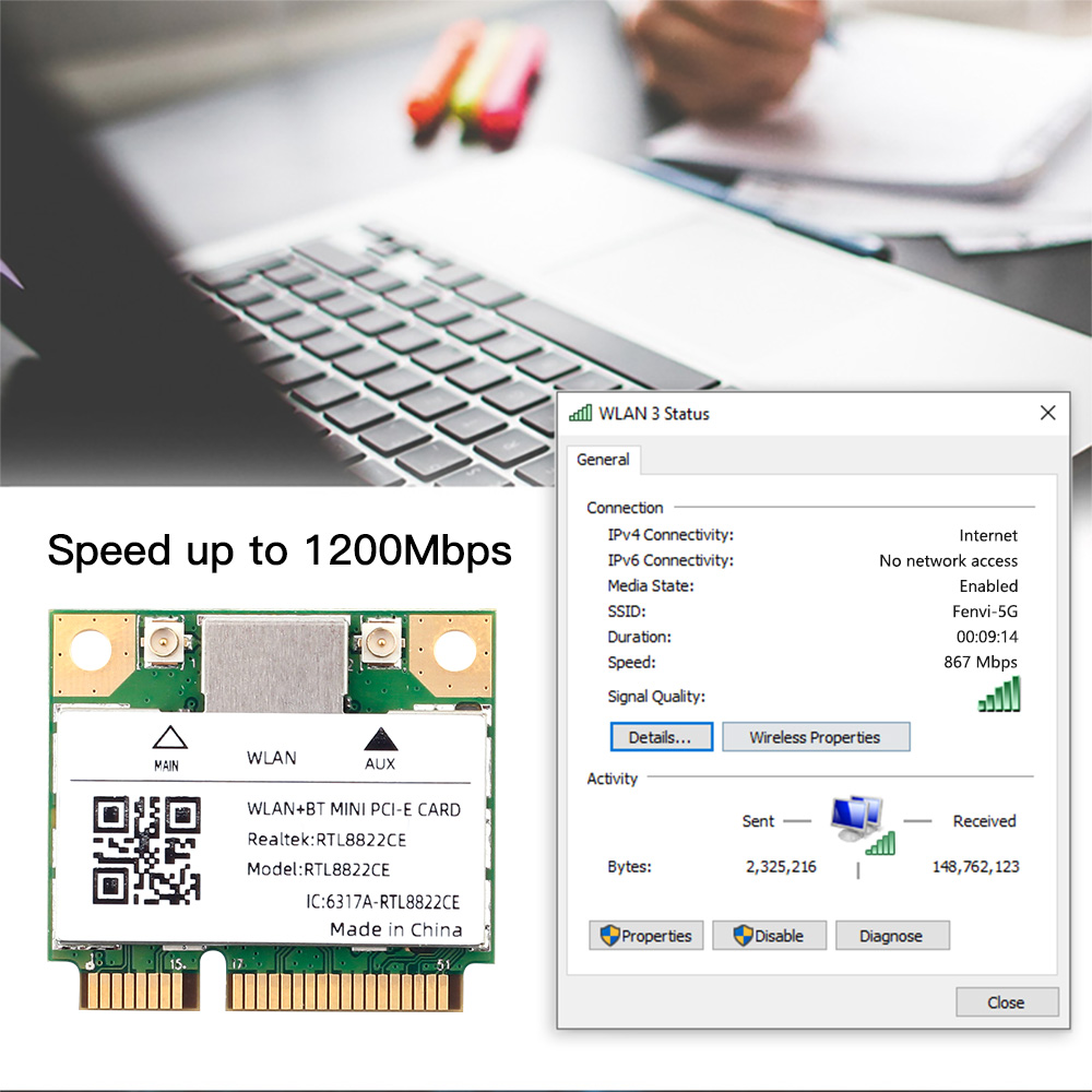 Dual Band Mini Pcie RTL8822CE 1200Mbps WiFi Card Bluetooth 5.0 Wireless Adapter 802.11ac WIFI dongle For Win10/11 Better 7260HMW. 