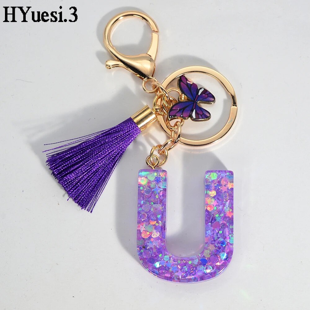 Glitter 26 Initials Name Keychain Purple Color Sequin Filled Letter Key Ring With Tassel Butterfly For Women Backpack Bag Decor