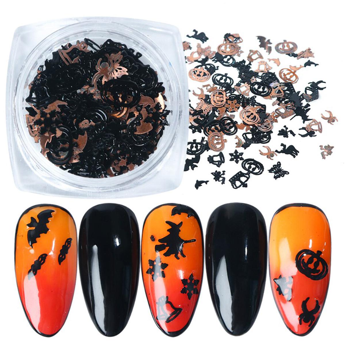 【happy one】1box Black Witch Spider Metallic Paillete Nail Art Decorations Halloween Gold Nail Charm Jewelry Metal Slice Tips LY1034