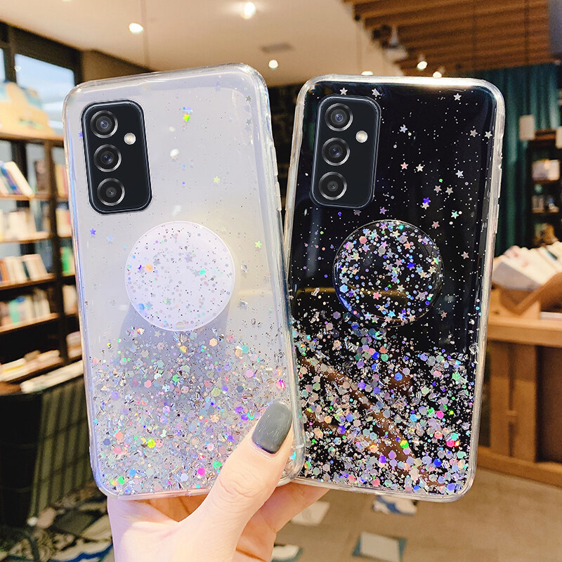 For Samsung Galaxy M13 Case Glitter Bling Soft Stars Moon Sequins Folding Bracket Transparent for Cases Samsung M13 Back Cover Casing. 