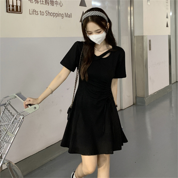 Black Dress Women's Summer 2024 New Small Man Drawstring Slim Fit Hepburn Style Short Skirt