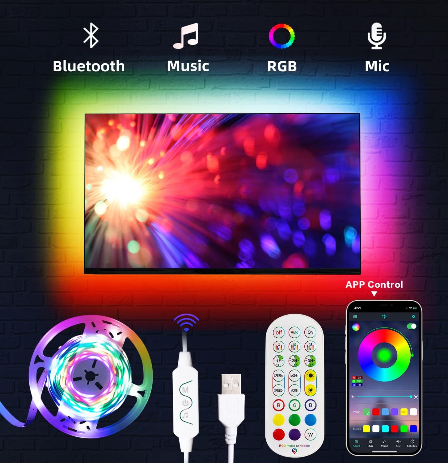 5 Meter Mobile Apps control Strip Lights, Music sync and Remote Conte - Rgb Led Strip Light - rgb light