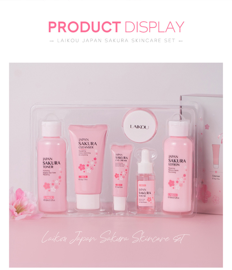 LAIKOU Face Serum Cleanser Lotion Toner Cream Japan Sakura Skin Care Set 6pcs
