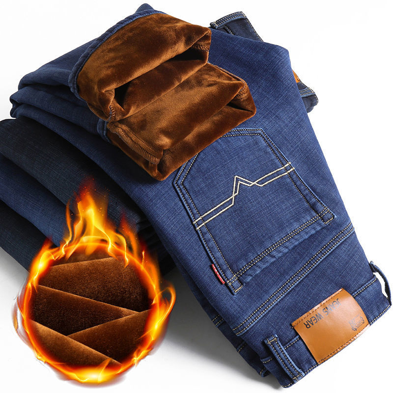 Fleece-Lined Thick Jeans Men's Loose Elastic plus-Sized over plus Size Overweight Man Middle-Aged Men's Deep Crotch Wide-Leg Fat Men's Pants. 