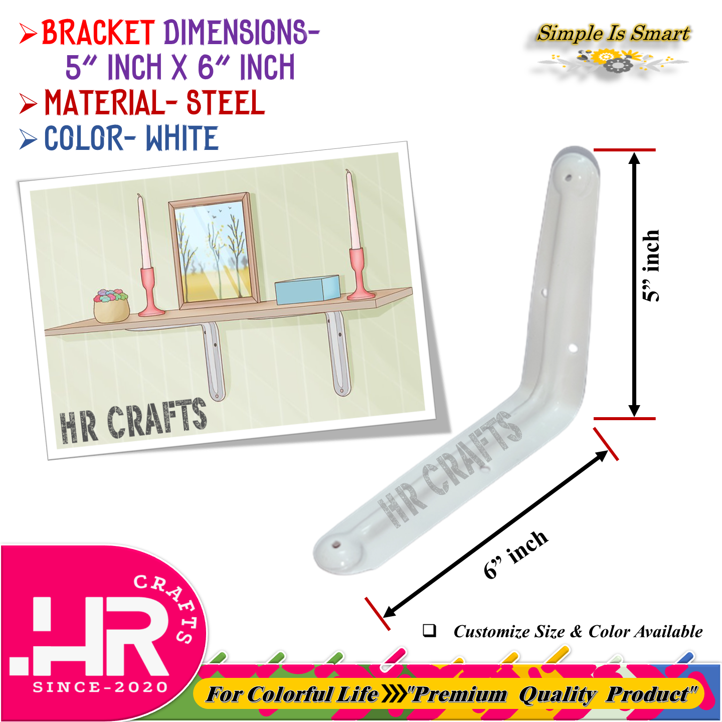 Premium Wall Mounted L Shaped Angle Bracket (Size-5"x6")- Decorative Shelf Bracket- Wall Bracket- Bracket- L Bracket- Angle Bracket- Support Bracket- Floating Bracket- Heavy-Duty Bracket- Corner Bracket- Industrial Bracket- Color White Black & Gray. 